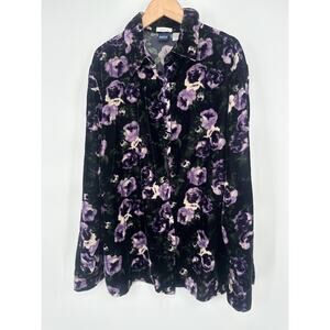 VTG Basic Editions Womens L Velour Button Up Shirt Grunge Goth Romantic Floral